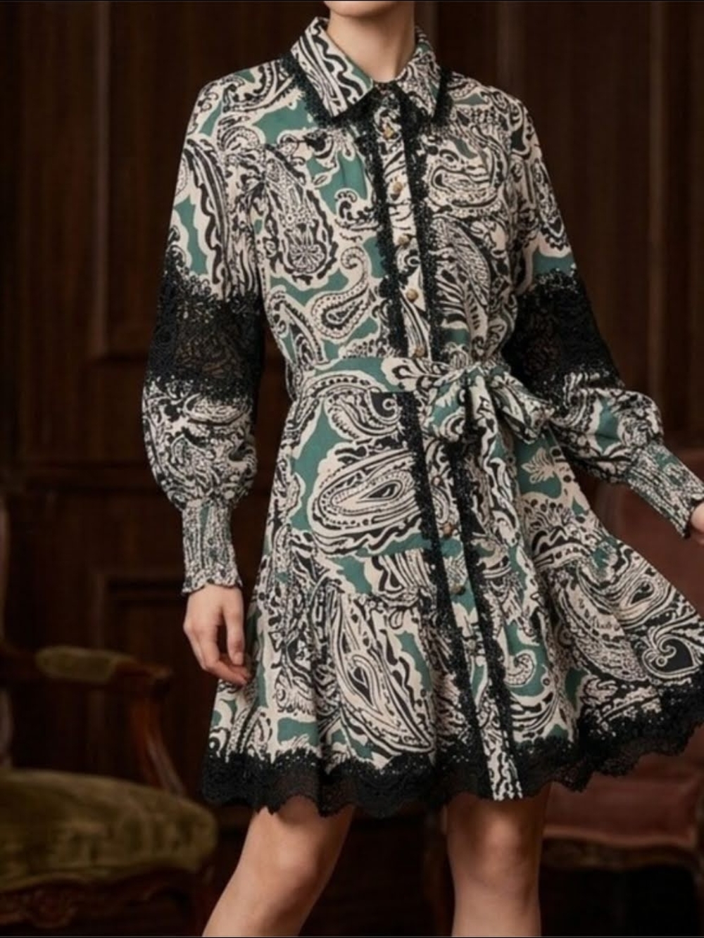 Beulah Green Paisley Lace Trim Button Down Mini Dress M